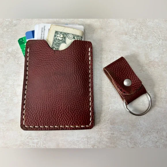 Vintage Football Leather Card Holder Front Pocket Wallet Hand Made W/key Chain - Picture 2 of 5